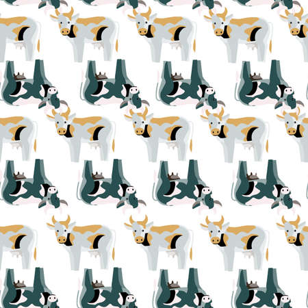 Seamless pattern cow on white background. Texture of farm animals for any purpose. Geometric template for textile fabric design. Simple vector ornament.のイラスト素材