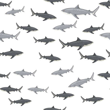 Seamless pattern Tiger shark isolated on white background. Gray texture of marine fish for any purpose. Random template for textile fabric design. Simple vector ornament.のイラスト素材