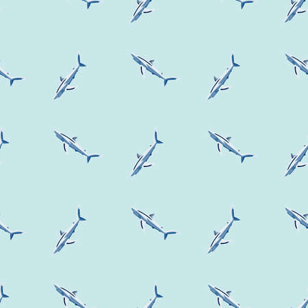 Seamless pattern Blue shark on light turquoise background. Texture of marine fish for any purpose. Geometric template for textile fabric design. Simple vector ornament.のイラスト素材