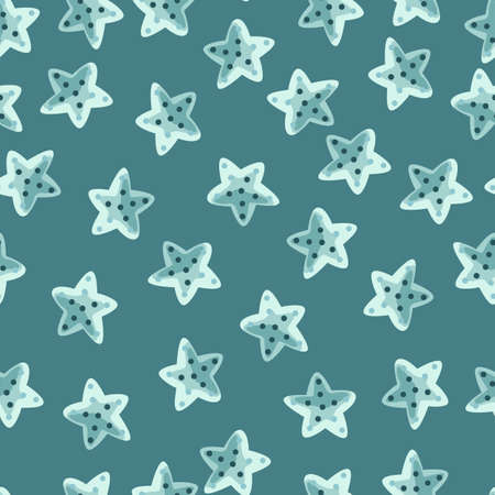 Seamless pattern sea star on teal background. Marine starfish templates for fabric. Design vector illustration. For seasonal textile prints, banners, backdrops and wallpapers.のイラスト素材