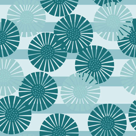Seamless pattern abstract flowers on striped blue white background. Vintage textured of plants for textile design. Random template print for any purpose. Simple vector fabric ornament.のイラスト素材
