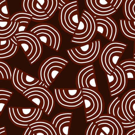 Abstract seamless pattern on dark red background. Geometrical shapes for textile design. Random template print for any purpose. Simple vector fabric ornament.のイラスト素材