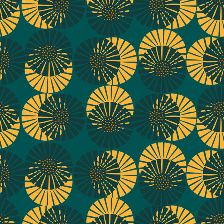 Seamless pattern abstract flowers on teal background. Vintage texture of plants for textile design. Geometric template print for any purpose. Simple vector fabric ornament.のイラスト素材