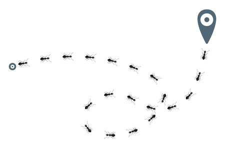 Tracking ants isolated on white background. Column of black ants running in mapping signs. Design flat nature elements. Vector illustration.のイラスト素材