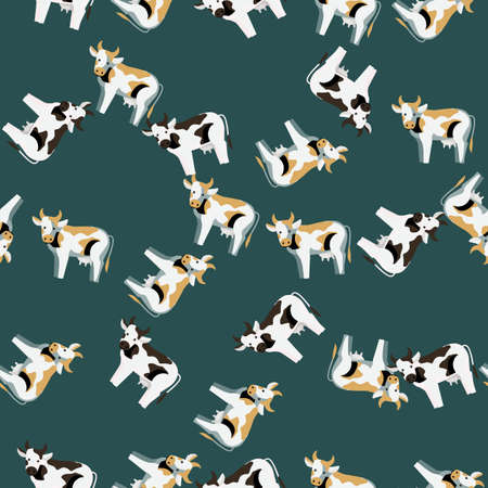 Seamless pattern cow on teal background. Texture of farm animals for any purpose. Random template for textile fabric design. Simple vector ornament.のイラスト素材