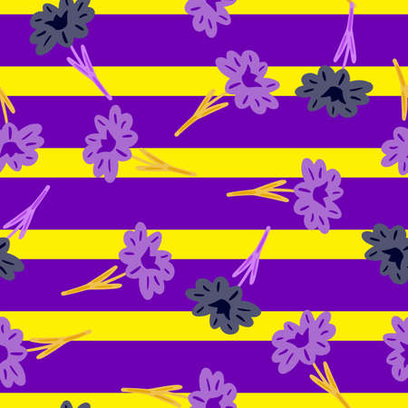 Seamless pattern with hand drawing wild flowers on yellow purple striped background. Vector floral template in doodle style. Gentle summer botanical texture for fabric, wrapping paper, wallpaper.のイラスト素材