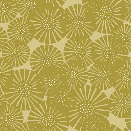 Seamless pattern abstract flowers on ocher background. Vintage textured of plants for textile design. Random template print for any purpose. Simple vector fabric ornament.のイラスト素材