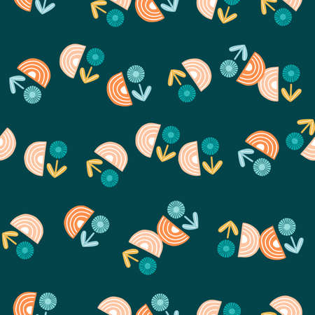 Seamless pattern abstract flowers on teal background. Minimalist pink texture of plants for textile design. Random template print for any purpose. Simple vector fabric ornament.のイラスト素材