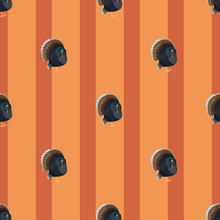 Seamless pattern Turkey on orange striped background. Texture of farm bird for any purpose. Geometric template for textile fabric design. Simple vector ornament.のイラスト素材