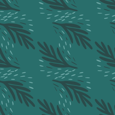 Seamless pattern fir twig on teal background. Vector geometric template in doodle style. Christmas forest texture for fabric, wrapping paper, wallpaper, tissue.のイラスト素材