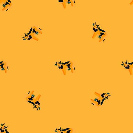 Seamless pattern cow on yellow background. Texture of farm animals for any purpose. Geometric template for textile fabric design. Simple vector ornament.のイラスト素材