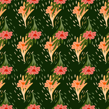 Seamless pattern with hand drawing wild flowers on green background. Vector pink floral template in doodle style. Gentle summer botanical texture for fabric, wrapping paper, wallpaper.のイラスト素材