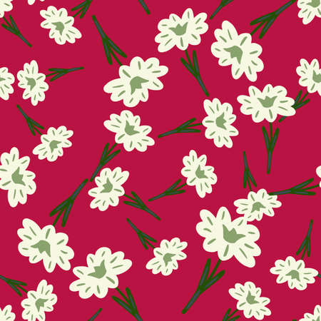 Seamless pattern with hand drawing wild flowers on red background. Vector floral template in doodle style. Gentle summer botanical texture for fabric, wrapping paper, wallpaper.のイラスト素材