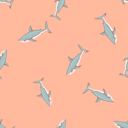 Seamless pattern shark on pink background. Texture of gray marine fish for any purpose. Random template for textile fabric design. Simple vector ornament.のイラスト素材