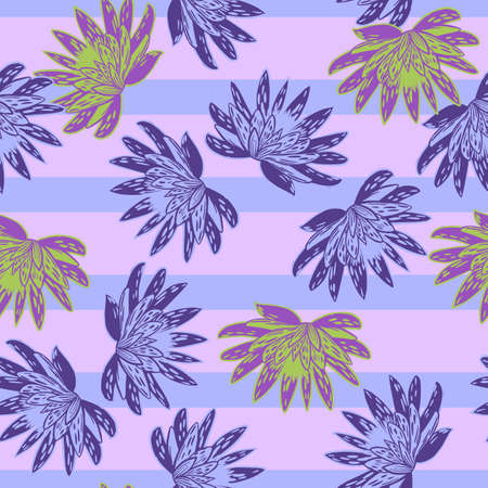 Seamless pattern with hand drawing lotus on purple striped background. Vector pink floral template in doodle style. Gentle summer botanical texture for fabric, wrapping paper, wallpaper.のイラスト素材