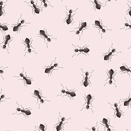 Seamless pattern colony ants on pink background. Vector insects template in flat style for any purpose. Modern animals texture for fabric, wrapping paper, wallpaper, tissue, illustration.のイラスト素材