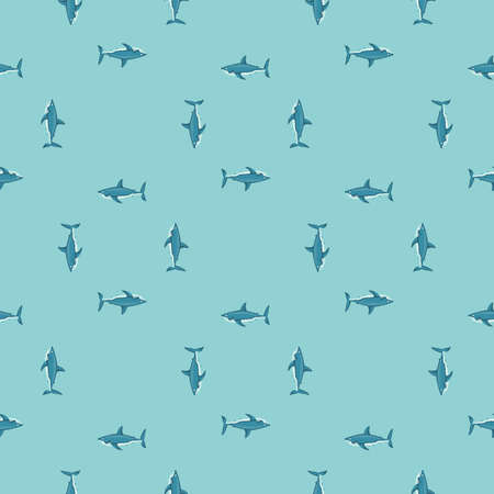 Seamless pattern shark on turquoise background. Texture of marine fish for any purpose. Geometric template for textile fabric design. Simple vector ornament.のイラスト素材