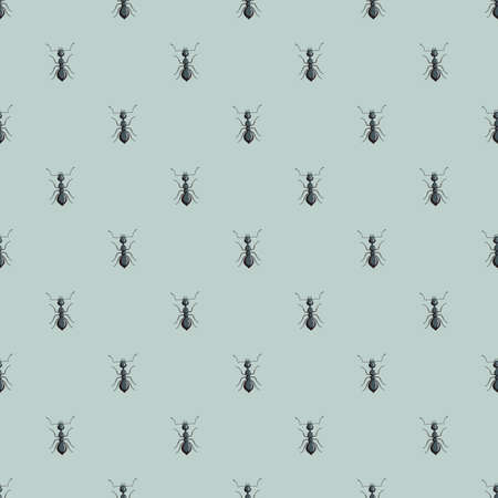 Seamless pattern colony ants on dark mint background. Vector insects template in flat style for any purpose. Modern animals texture for fabric, wrapping paper, wallpaper, tissue, illustration.のイラスト素材