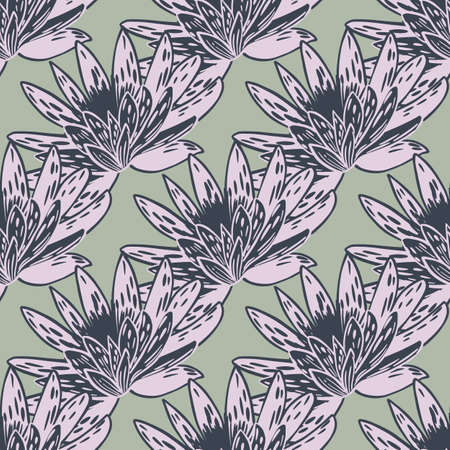 Seamless pattern with hand drawing lotus on pastel green background. Vector floral template in doodle style. Gentle summer botanical texture for fabric, wrapping paper, wallpaper.のイラスト素材