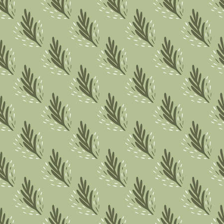 Seamless pattern fir twig on light green background. Vector geometric template in doodle style. Christmas forest texture for fabric, wrapping paper, wallpaper, tissue.のイラスト素材