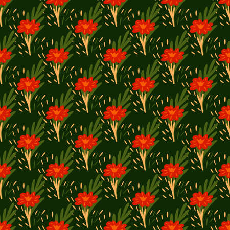Seamless pattern with hand drawing wild flowers on dark green background. Vector floral template in doodle style. Gentle summer botanical texture for fabric, wrapping paper, wallpaper.のイラスト素材