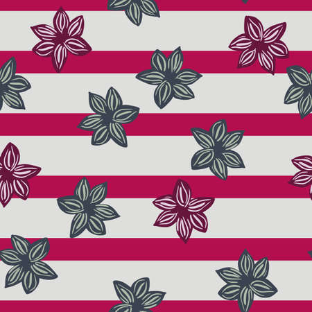 Seamless pattern sanise on pink gray striped background. Vector repeat template spice in doodle style. Hand drawn elements nature texture for fabric, wrapping paper, wallpaper.のイラスト素材