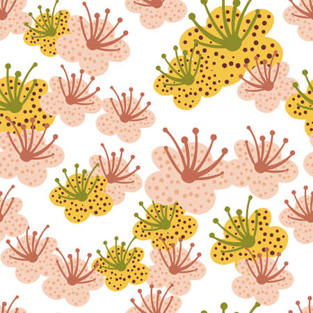 Seamless pattern spring plants on white background. Vector floral template in doodle style with flowers. Gentle summer floral texture for fabric, wrapping paper, wallpaper.のイラスト素材