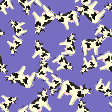 Seamless pattern cow on violet background. Texture of farm animals for any purpose. Random template for textile fabric design. Simple vector ornament.のイラスト素材