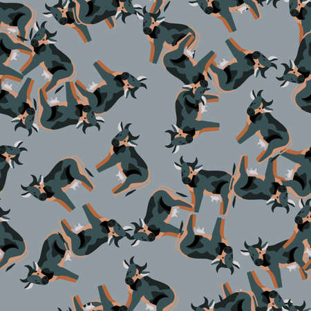 Seamless pattern cow on gray background. Abstract texture of farm animals for any purpose. Random template for textile fabric design. Simple vector ornament.のイラスト素材