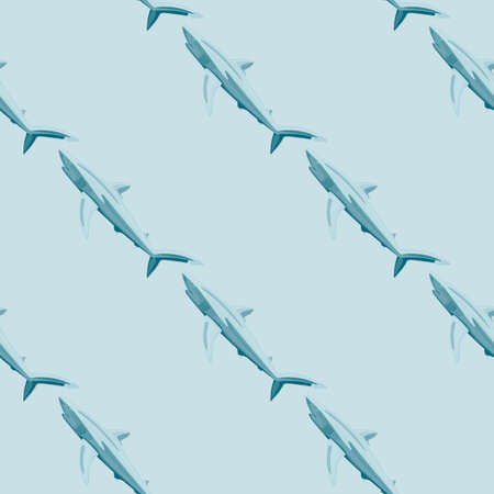 Seamless pattern Blue shark on pastel background. Texture of marine fish for any purpose. Geometric template for textile fabric design. Simple vector ornament.のイラスト素材
