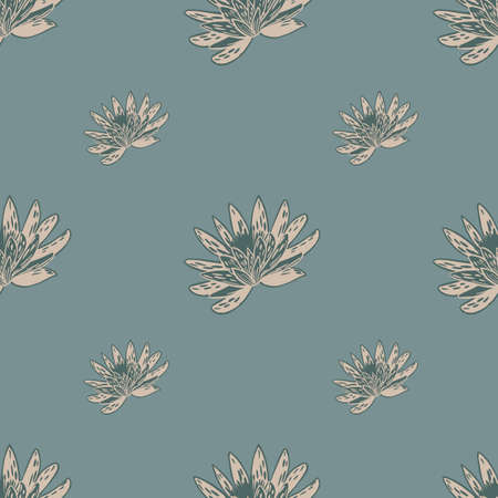 Seamless pattern with hand drawing lotus on dark blue background. Vector floral template in doodle style. Gentle summer botanical texture for fabric, wrapping paper, wallpaper.のイラスト素材