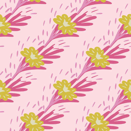 Seamless pattern with bouquets of small flowers on light pink background. Vector floral template in doodle style. Gentle summer botanical texture for fabric, wrapping paper, fills, wallpaper.のイラスト素材