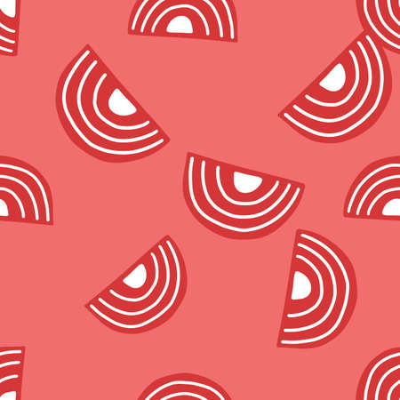 Abstract seamless pattern on pink background. Geometrical shapes for textile design. Random template print for any purpose. Simple vector fabric ornament.のイラスト素材