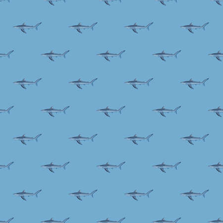Seamless pattern Blue shark on pastel blue background. Texture of marine fish for any purpose. Geometric template for textile fabric design. Simple vector ornament.のイラスト素材
