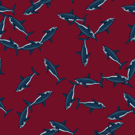 Seamless pattern shark on red background. Texture of marine fish for any purpose. Random template for textile fabric design. Simple vector ornament.のイラスト素材