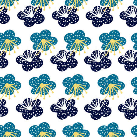 Seamless pattern spring plants on white background. Vector floral template in doodle style with flowers. Gentle summer floral texture for fabric, wrapping paper, wallpaper.のイラスト素材