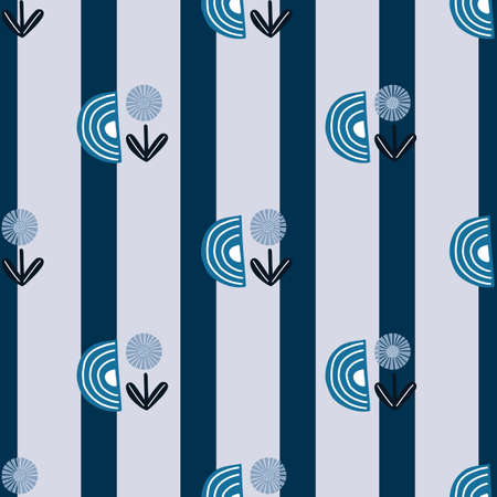 Seamless pattern abstract flowers on striped blue background. Minimalist pink textured of plants for textile design. Geometric template print for any purpose. Simple vector fabric ornament.のイラスト素材