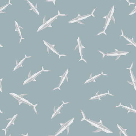 Seamless pattern Blue shark on gray background. Texture of marine fish for any purpose. Random template for textile fabric design. Simple vector ornament.のイラスト素材