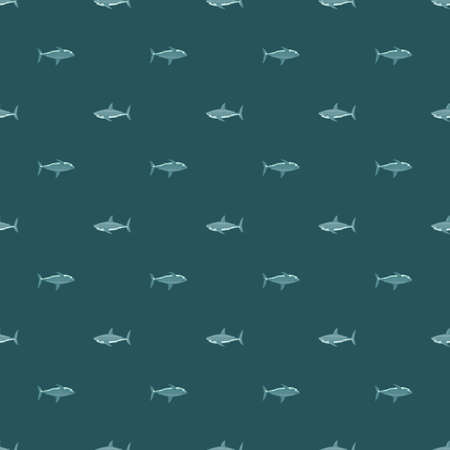 Seamless pattern shark on teal background. Small texture of marine fish for any purpose. Geometric template for textile fabric design. Simple vector ornament.のイラスト素材