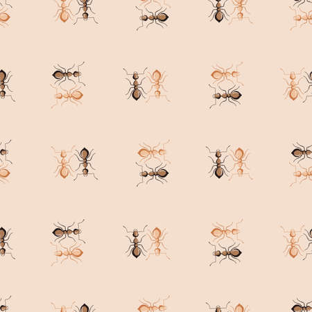 Seamless pattern colony ants on beige background. Vector insects template in flat style for any purpose. Modern animals texture for fabric, wrapping paper, wallpaper, tissue, illustration.のイラスト素材