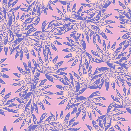 Seamless pattern with hand drawing lotus on pink background. Vector purple floral template in doodle style. Gentle summer botanical texture for fabric, wrapping paper, wallpaper.のイラスト素材
