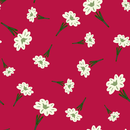 Seamless pattern with hand drawing wild flowers on bright pink background. Vector floral template in doodle style. Gentle summer botanical texture for fabric, wrapping paper, wallpaper.のイラスト素材