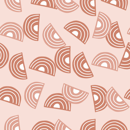 Abstract seamless pattern on light pink background. Geometrical shapes for textile design. Random template print for any purpose. Simple vector fabric ornament.のイラスト素材