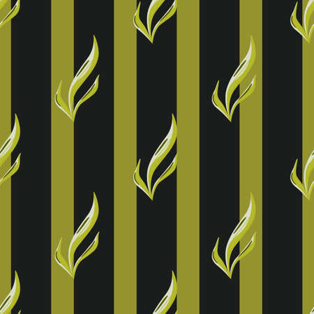 Seamless pattern seaweed on black green striped background. Marine flora templates for fabric. Design vector illustration. For seasonal textile prints, banners, backdrops and wallpapers.のイラスト素材