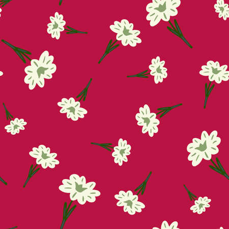 Seamless pattern with hand drawing wild flowers on bright pink background. Vector floral template in doodle style. Gentle summer botanical texture for fabric, wrapping paper, wallpaper.のイラスト素材
