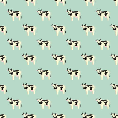 Seamless pattern cow on mint background. Texture of farm animals for any purpose. Geometric template for textile fabric design. Simple vector ornament.のイラスト素材