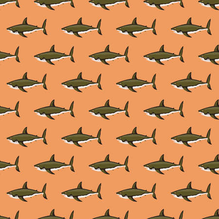 Seamless pattern shark on orange background. Texture of marine fish for any purpose. Geometric template for textile fabric design. Simple vector ornament.のイラスト素材