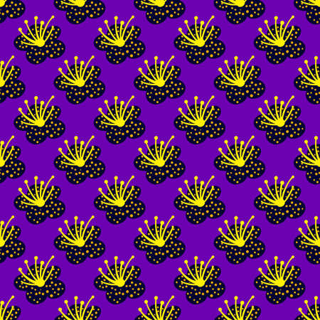 Seamless pattern spring plants on bright purple background. Vector floral template in doodle style with flowers. Abstract summer floral texture for fabric, wrapping paper, wallpaper.のイラスト素材