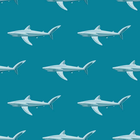 Seamless pattern Blue shark on light teal background. Texture of marine fish for any purpose. Geometric template for textile fabric design. Simple vector ornament.のイラスト素材