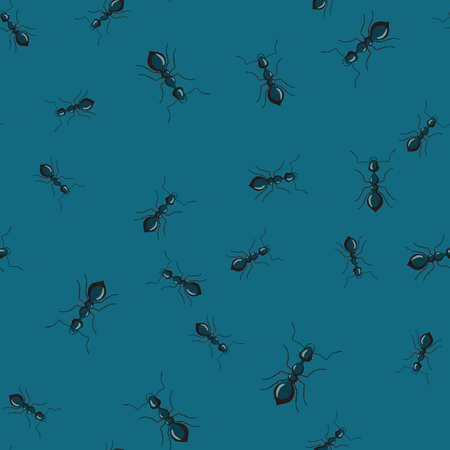 Seamless pattern colony ants on dark blue background. Vector insects template in flat style for any purpose. Modern animals texture for fabric, wrapping paper, wallpaper, tissue, illustration.のイラスト素材